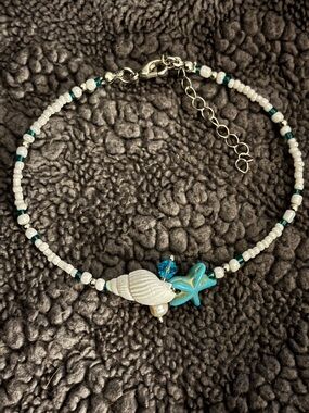 Beaded Shell & Starfish Anklet - White and Teal Beach Style